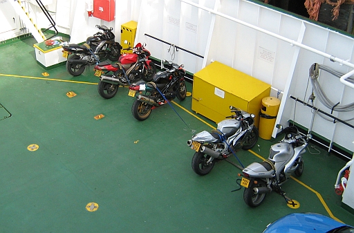 Motorcycles strapped down on the armadale to mallaig ferry